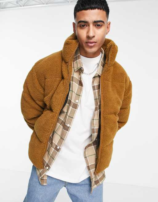 Only & Sons oversized teddy puffer jacket in tan | ASOS