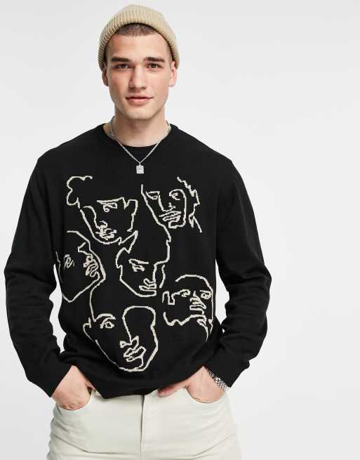 Only & Sons - Oversized trui met ronde hals en schetsprint in zwart