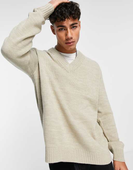 Beige v outlet neck jumper