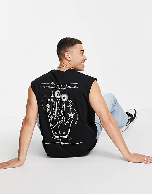 Only & Sons oversized vest with hand of destiny back print in black