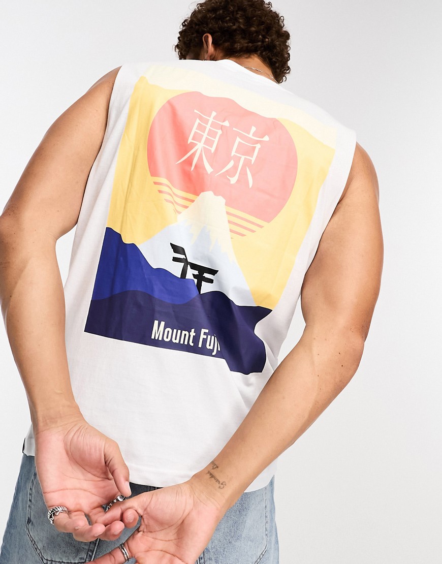 only & sons oversized vest with japanese mountain print in white