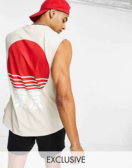 Only & Sons oversized vest with sun back print in beige Exclusive at ASOS