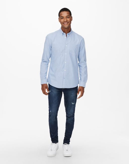 Only & Sons - Oxford overhemd met lange mouwen en knopen in lichtblauw, 4 van 4