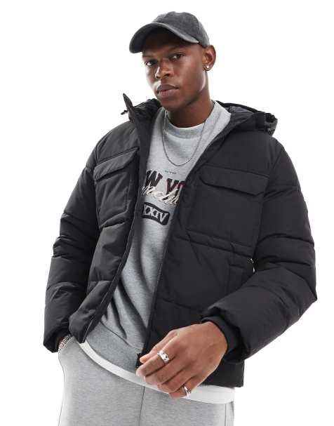 ONLY & SONS padded coat with hood & utility pockets in black - view 1