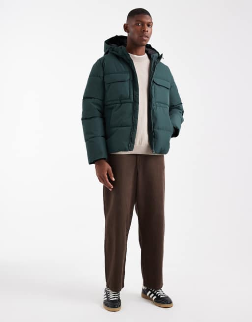 ONLY & SONS padded coat with hood & utility pockets in dark green, 2 of 5