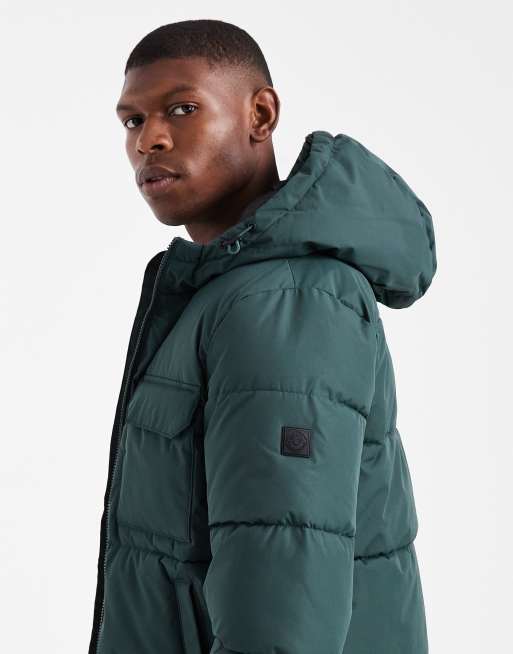 ONLY & SONS padded coat with hood & utility pockets in dark green, 4 of 5
