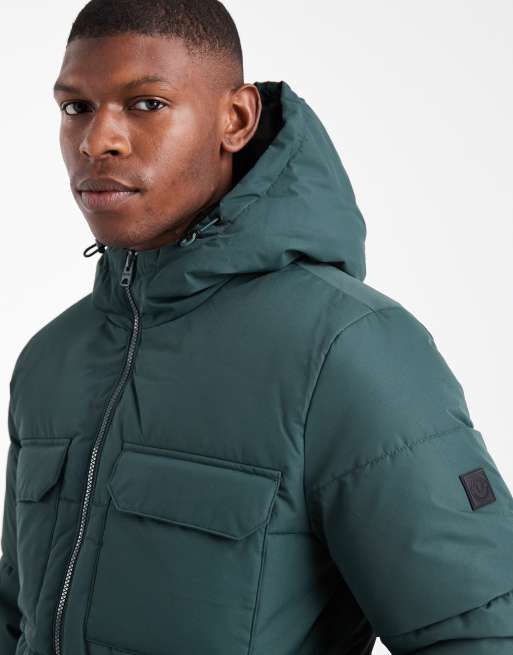 ONLY & SONS padded coat with hood & utility pockets in dark green, 5 of 5