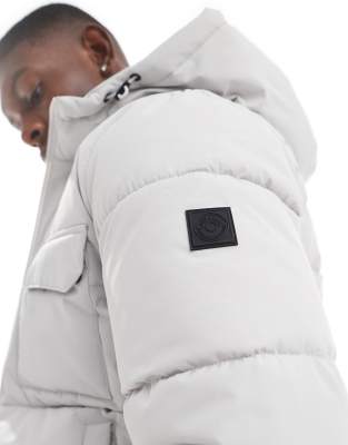 Only & Sons Padded Coat With Hood & Utility Pockets In Gray