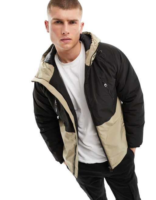 Only & Sons padded jacket with hood in black & stone | ASOS