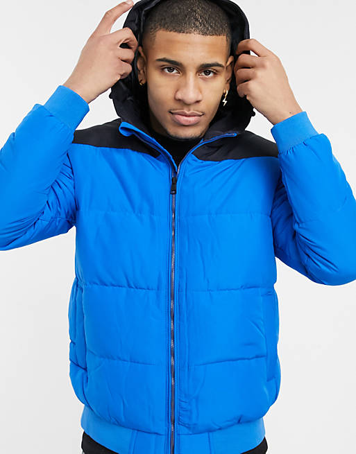 Only & Sons padded jacket with hood in blue | ASOS