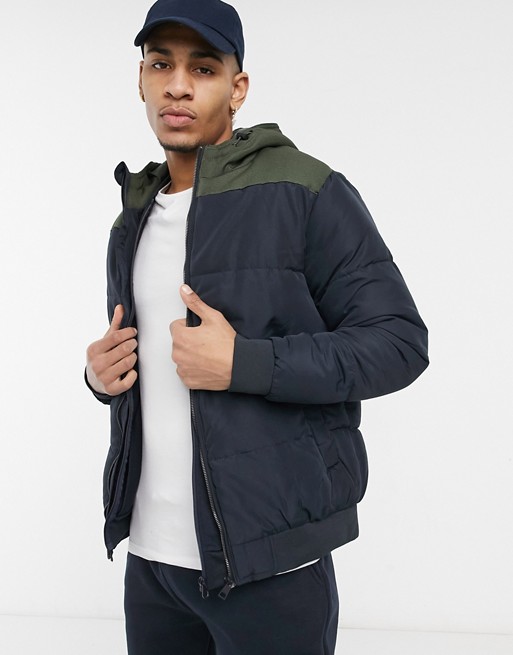 Only & Sons padded jacket with hood in navy