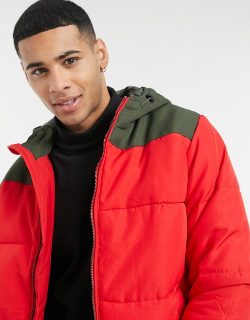Only & Sons padded jacket with hood in red