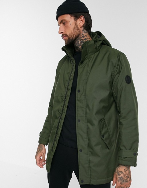 Only & Sons padded parka with removable hood in green