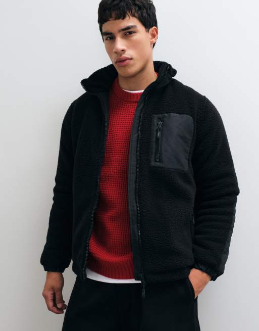 ONLY & SONS padded sherpa fleece with contrast pocket in black, 3 of 5
