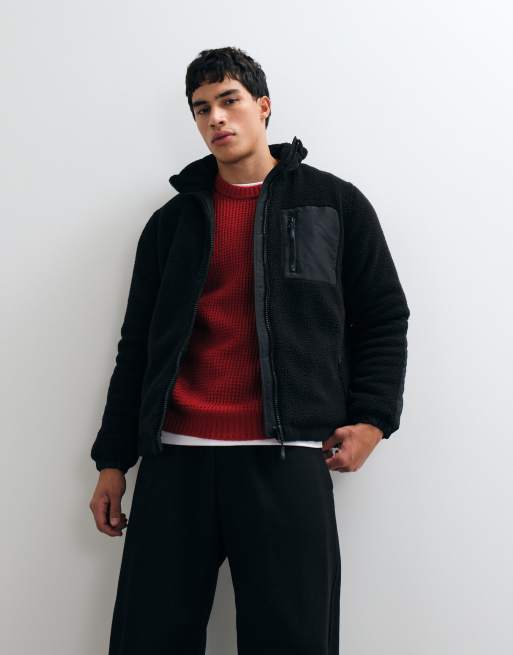 ONLY & SONS padded sherpa fleece with contrast pocket in black, 5 of 5