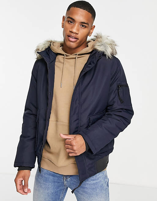 Only Sons Padded Short Coat With Faux, Fur Hooded Short Coat