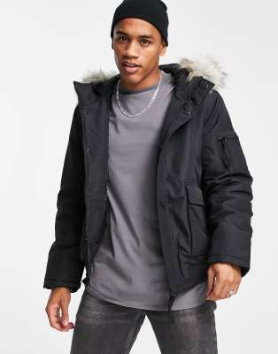 Only & Sons Padded Short Jacket With Faux Fur Hood In Black ModeSens
