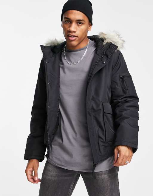 Only & Sons padded short jacket with faux fur hood in black | ASOS