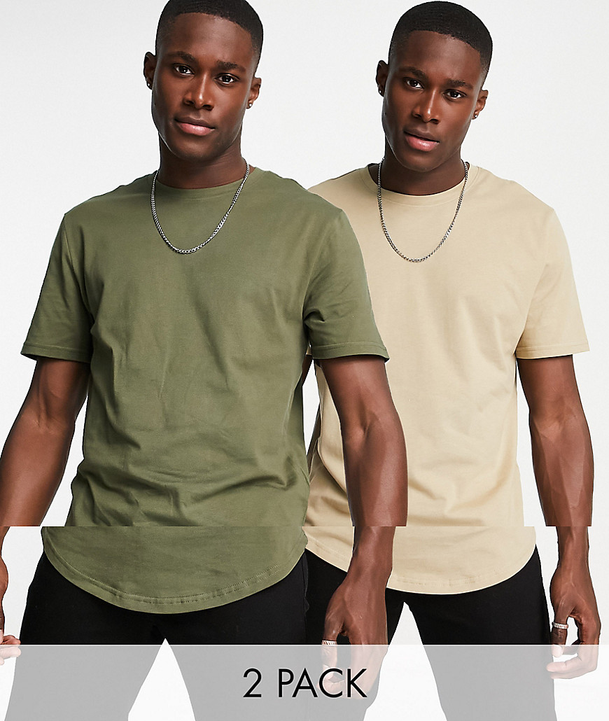 Only & Sons - Pakke med 2 longline T-shirts med buet kant beige og khakigrøn-Multifarvet