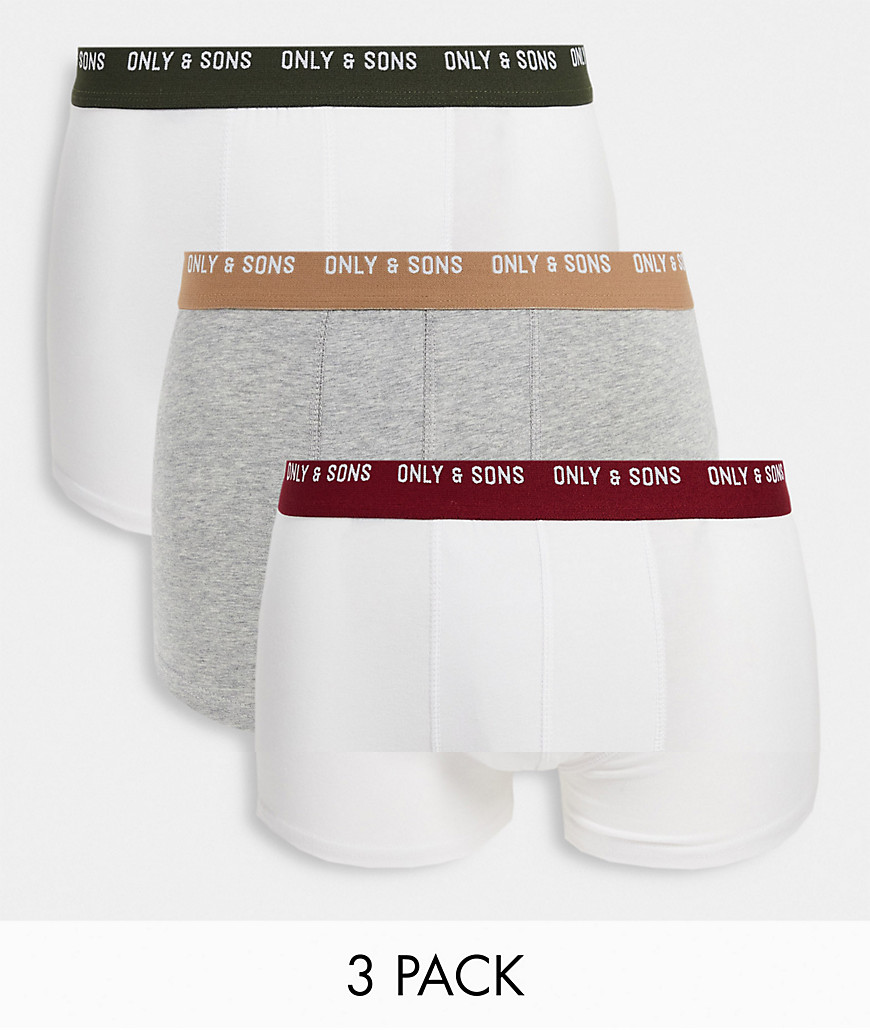 Only & Sons - Pakke med 3 par boksershorts i grå/hvid med kontrast-taljebånd-Multifarvet