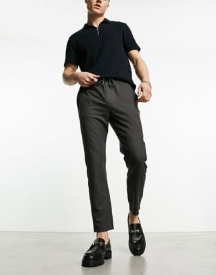 Only & Sons tapered fit trousers with elasticated waist in dark grey  - ASOS Price Checker