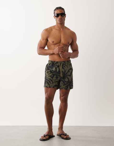 ONLY & SONS - Pantaloncini da bagno verde oliva e nero con stampa di palme - view 1