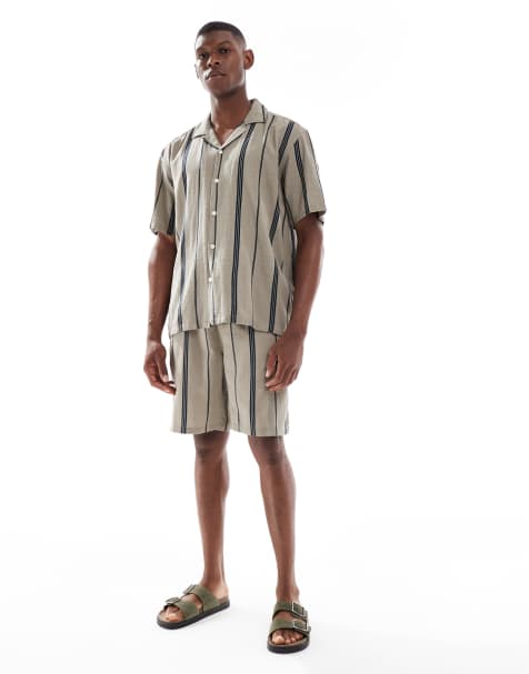 ONLY & SONS - Pantaloncini effetto lino beige a righe in coordinato - view 1
