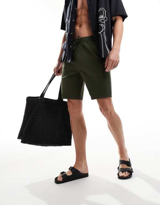 ONLY & SONS - Pantaloncini in misto lino color kaki allacciati in vita, 4 di 5