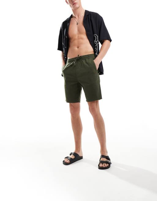 ONLY & SONS - Pantaloncini in misto lino color kaki allacciati in vita, 5 di 5
