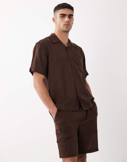 ONLY & SONS - Pantaloncini in misto lino marrone in coordinato, 2 di 5
