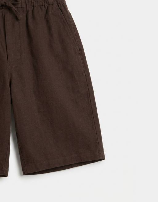 ONLY & SONS - Pantalones cortos marrón chocolate de corte ancho de tejido con lino, 10 de 10