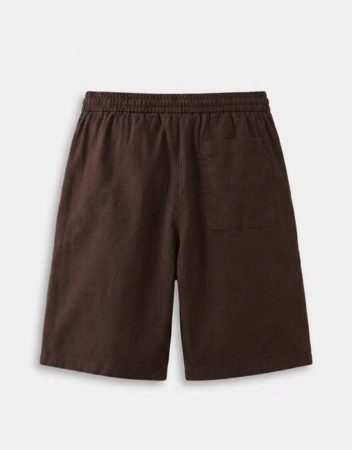 ONLY & SONS - Pantalones cortos marrón chocolate de corte ancho de tejido con lino, 8 de 10