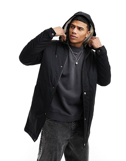 ONLY & SONS parka with borg lined hood in black | ASOS