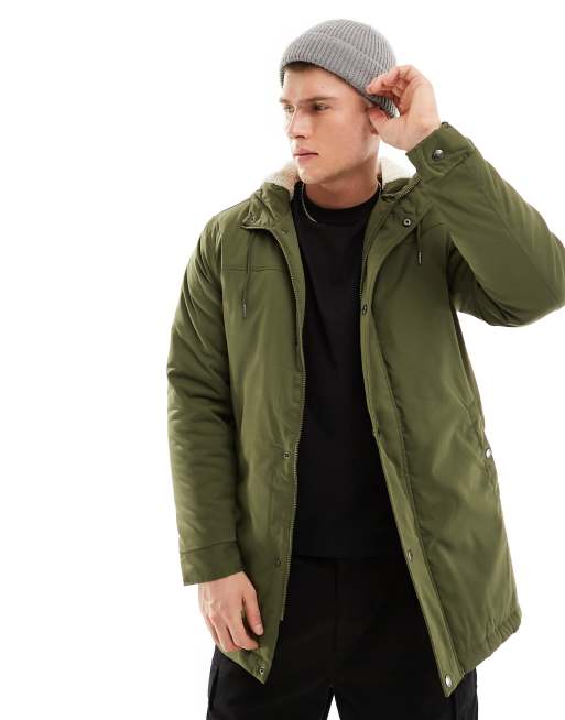 ONLY & SONS parka with borg lined hood in khaki | ASOS