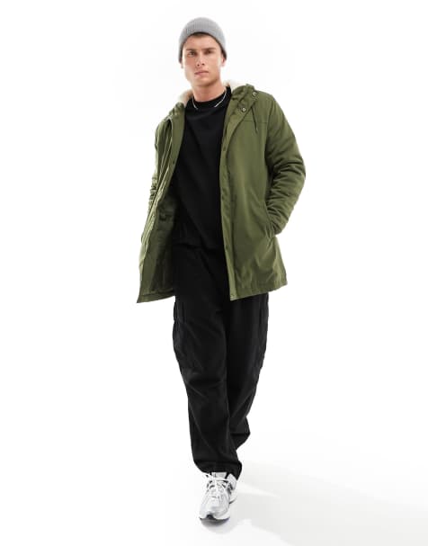 Only & Sons parka with borg lined hood in khaki - view 2