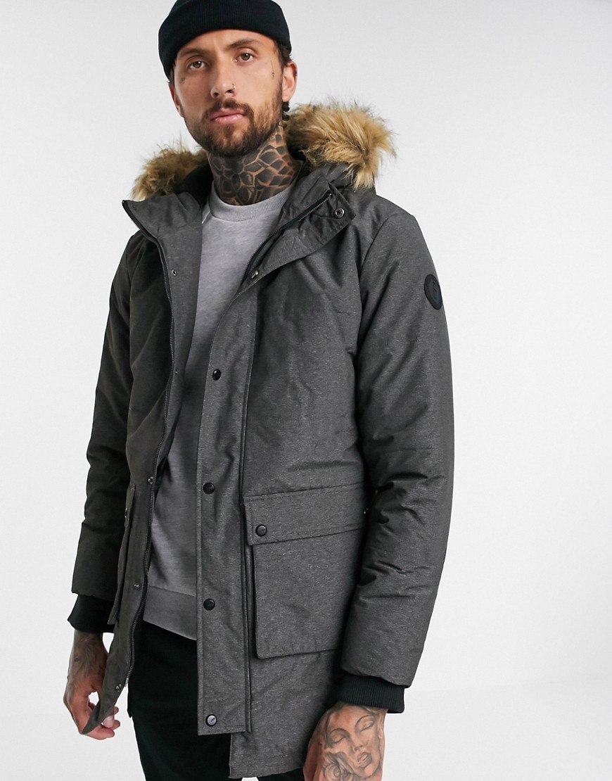 Only & Sons parka with faux fur hood in grey