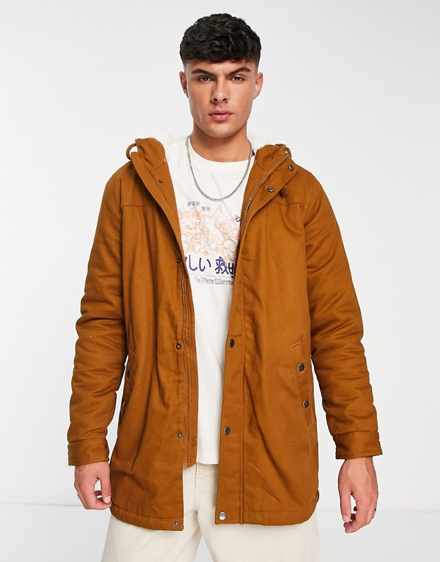 Only & Sons parka with fleece lined hood in beige