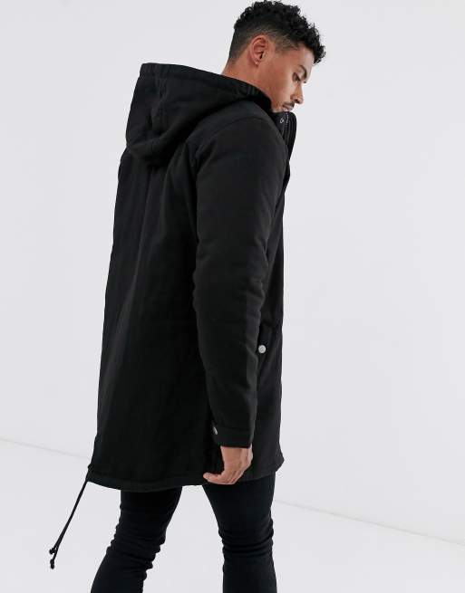 Only Sons parka with fleece lined hood in black