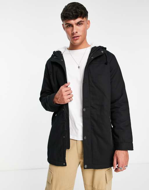 Only & Sons parka with fleece hood in black ASOS