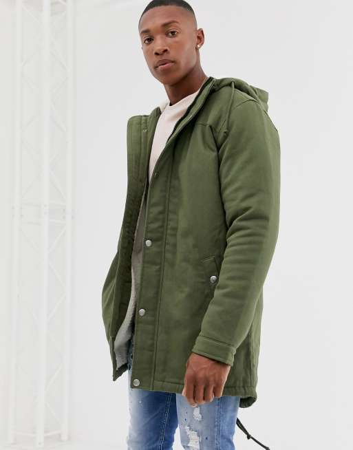 Only Sons parka with fleece lined hood in green