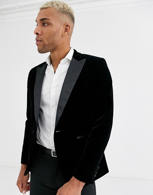 Only & Sons peak lapel velvet tux blazer in black