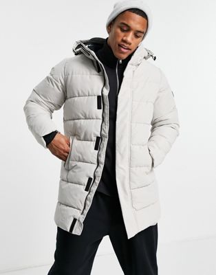Only & Sons waterproof longline puffer coat with hood in light grey - ASOS Price Checker