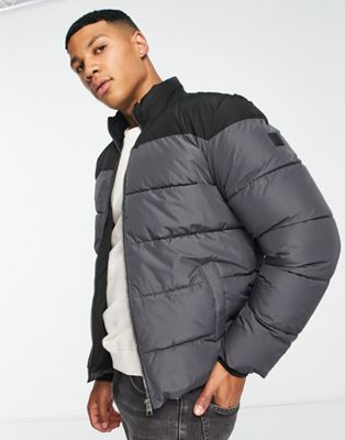 Only & Sons heavy weight puffer jacket in black and grey colour block  - ASOS Price Checker