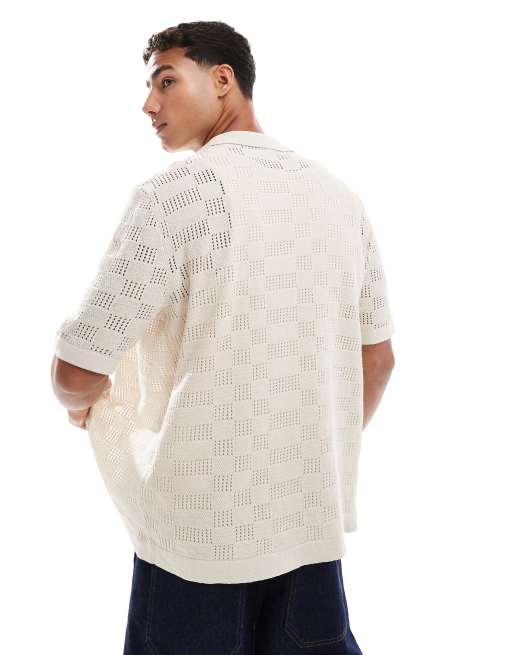 ONLY & SONS plaid crochet shirt in beige