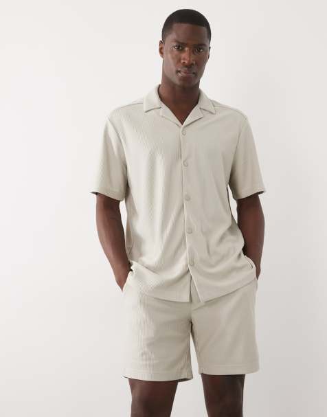 ONLY & SONS plisse revere collar shirt co-ord in beige - view 1