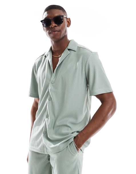 ONLY & SONS plisse revere collar shirt co-ord in sage green
