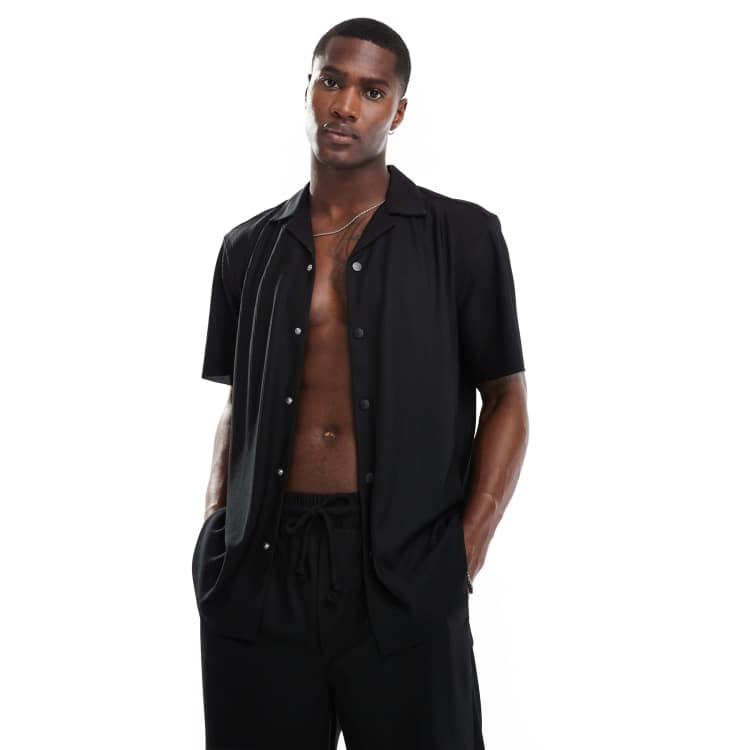 ONLY & SONS plisse revere collar shirt in black - part of a set | ASOS