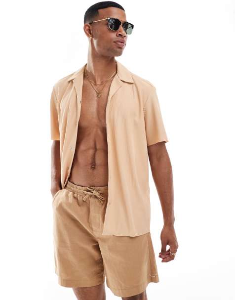 ONLY & SONS plisse revere collar shirt in peach - view 1