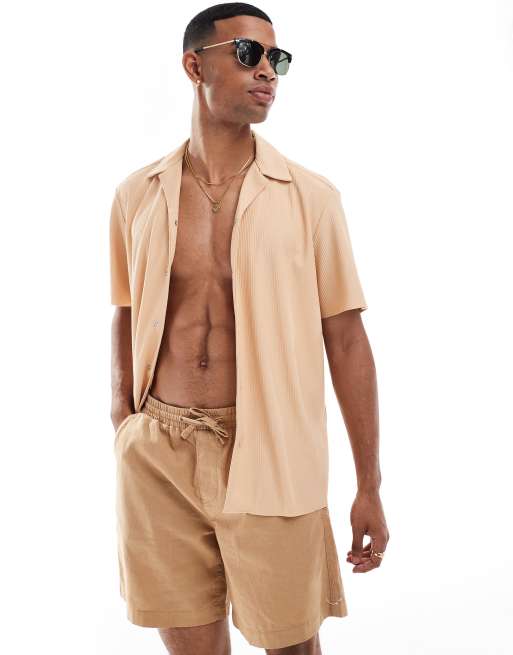 ONLY & SONS plisse revere collar shirt in peach