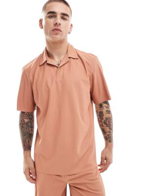 plisse split neck polo in burnt orange - part of a set